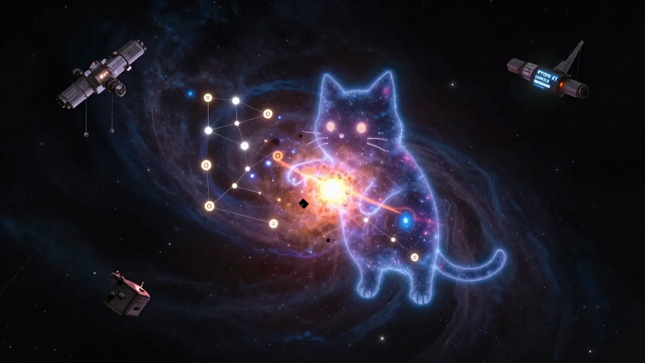 A cat-shaped supernova explodes into constellations of worthless crypto tokens.