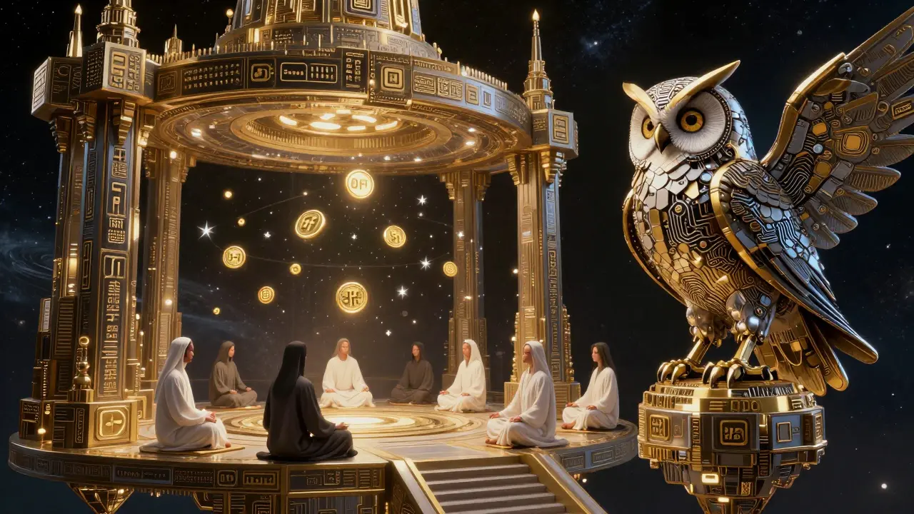 A celestial temple with floating DFI tokens orbiting meditating stakers in deep space.