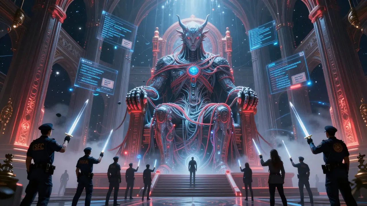 A corrupted AI god sits on a throne of frozen withdrawals, surrounded by desperate traders and armored regulators.