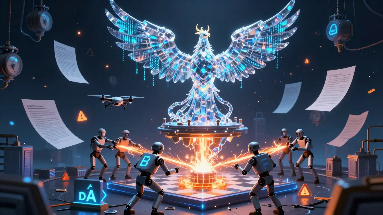 A crystalline AI oracle watches robotic traders execute a flash loan, surrounded by glowing gas meters and shattered contracts in deep space.