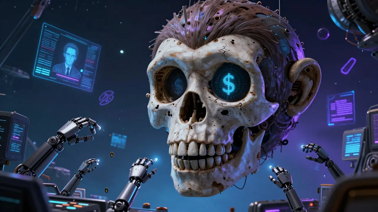 A derelict monkey-skull space station emits faint USDC payment streams under a blood-red nebula.