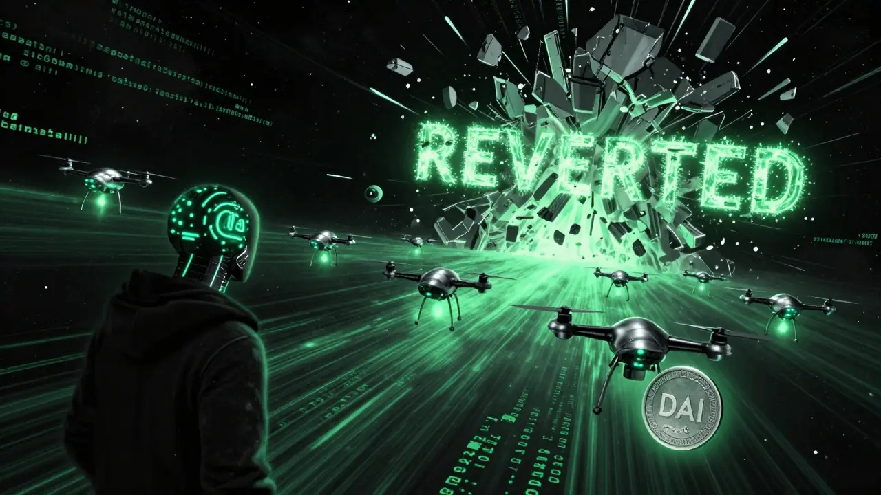 A hacker commands micro-drones across five star systems, executing a cross-chain flash loan through a tunnel of energy fields.