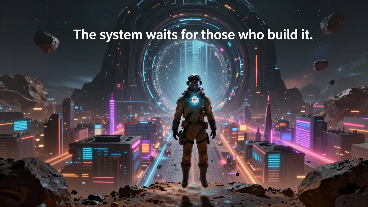 A lone trader with a glowing LVL token before a dormant gateway to future blockchain chains.