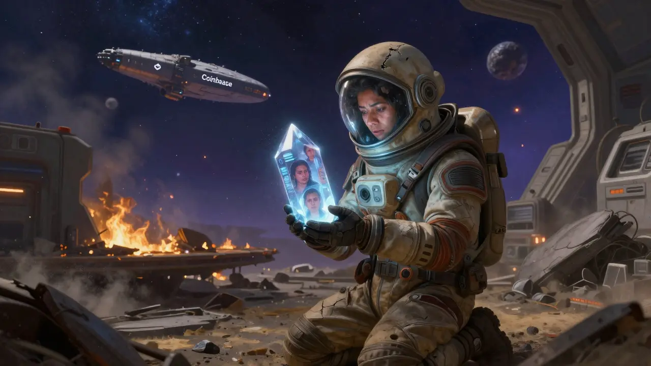 A survivor holds a data crystal showing victims&#039; faces amid the ruins of a destroyed crypto exchange in space.