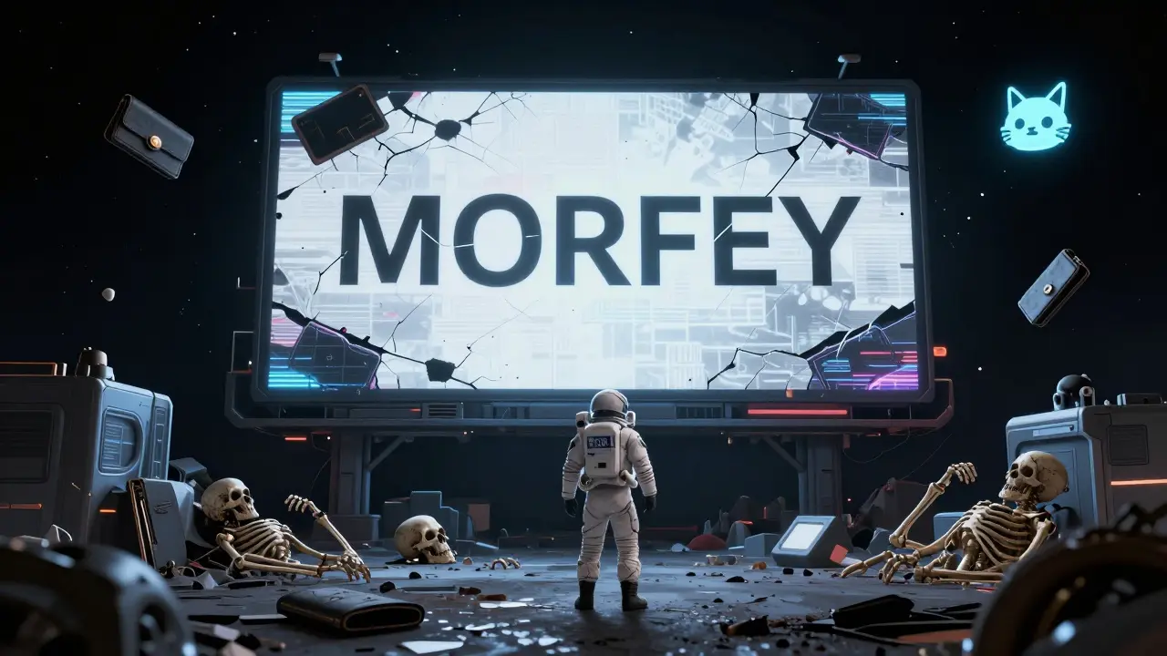 An astronaut faces a fading MORFEY hologram amid the ruins of a crypto trading hub.
