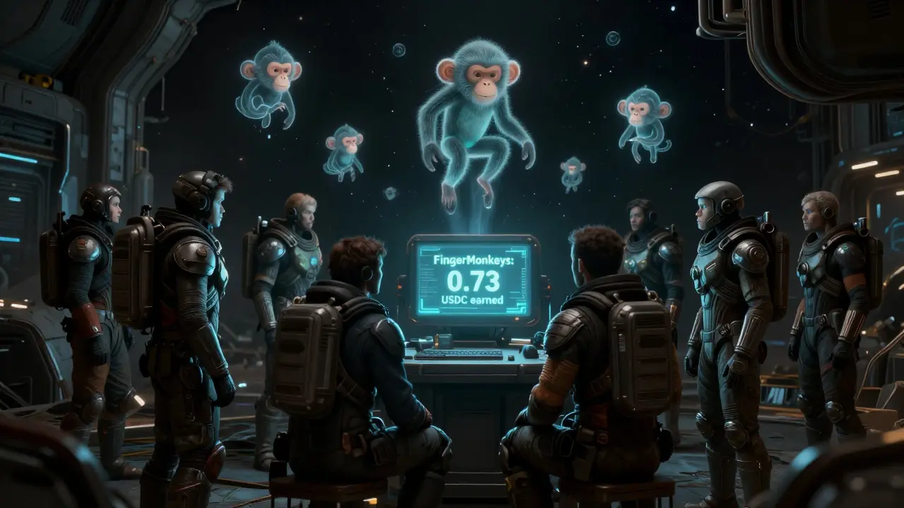 Desperate players gather around a dim terminal as ghostly NFT nodes dissolve into the void.