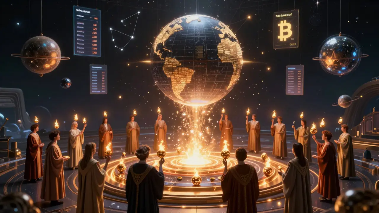 LGO token holders casting voting orbs into a burning nexus of celestial revenue streams.
