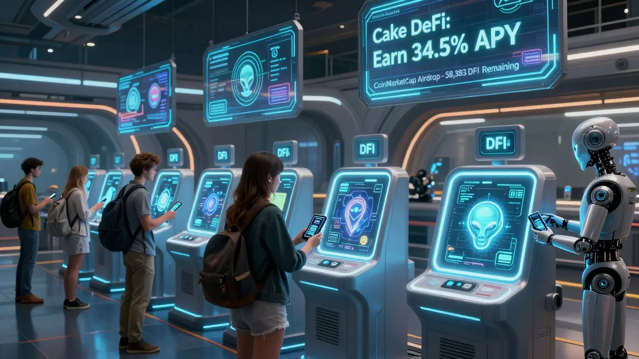 Travelers at a futuristic spaceport receiving DFI tokens from a glowing alien kiosk.