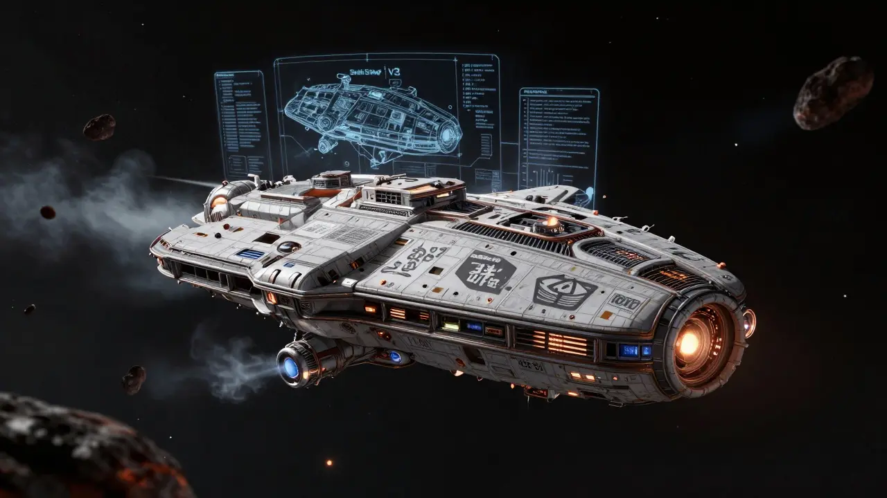 A BentoBox-shaped spaceship drifting through Ethereum’s gas fee asteroids with a fading Base blueprint.