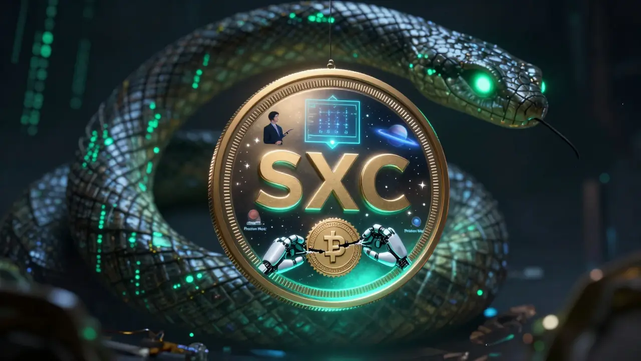 A floating SXC token reflecting scenes of borrowing, voting, and awakening AI code.