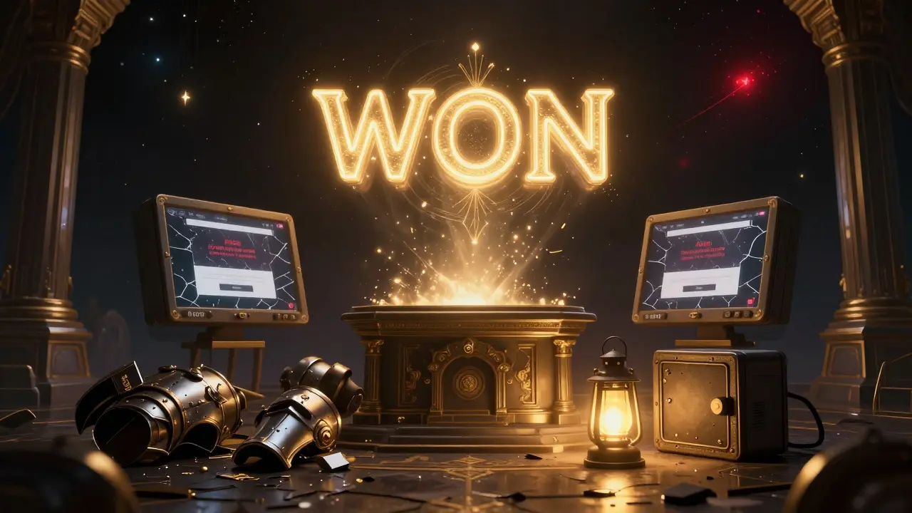 A glowing seed phrase hovers above a temple of broken scam screens, protected by a hardware wallet lantern in deep space.