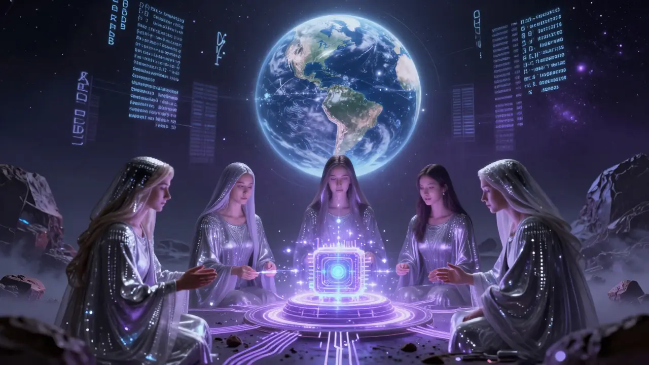 A secret asteroid cult weaves encrypted light into crystals, defending privacy against crumbling regulatory empires.