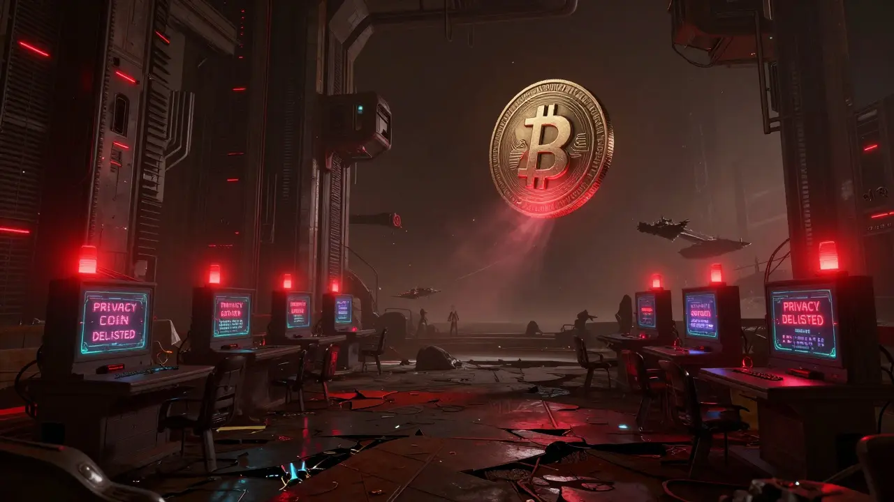 An abandoned space exchange hub drifts in silence, a single Zcash token glowing amid ruined quantum terminals.