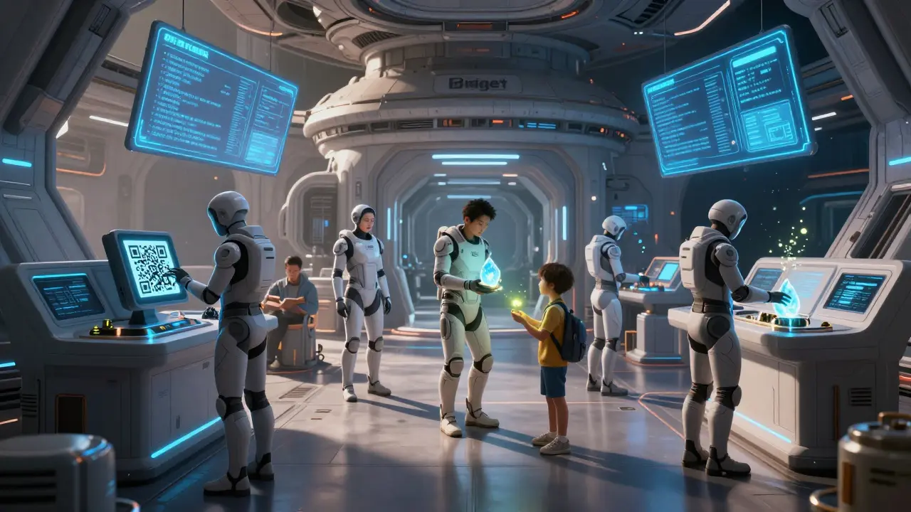 Crew members on a space station completing tasks to earn SXC tokens with holographic interfaces.