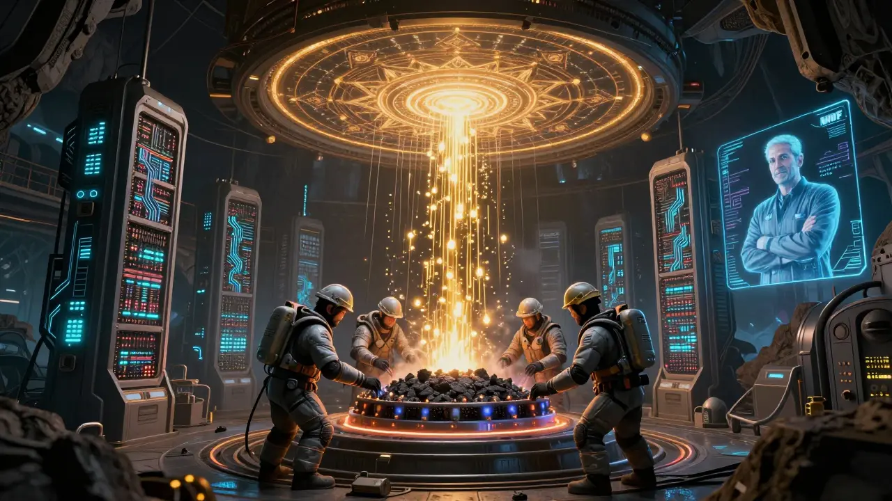 Engineers in exosuits maintaining bioluminescent ASIC rigs under a sacred data mandala