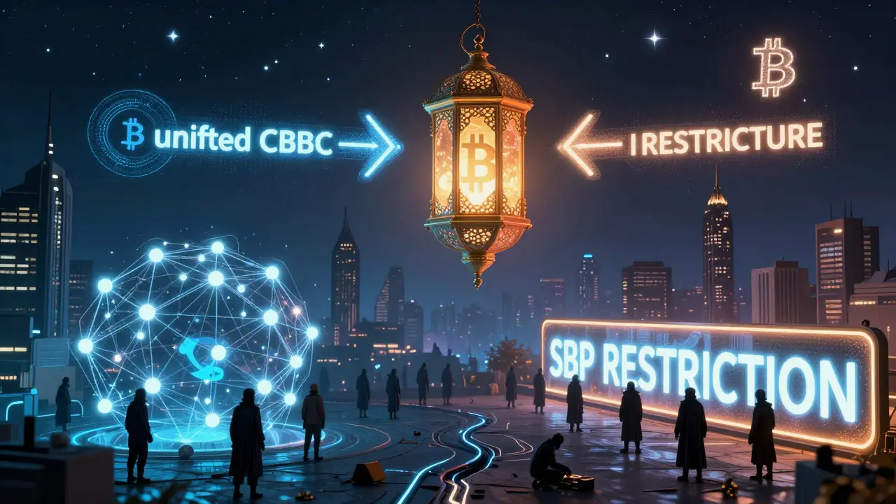 Futuristic city split by a digital barrier between licensed crypto networks and banned transactions