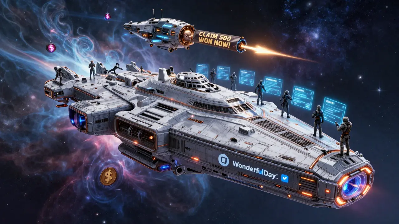 Starship with verified project logos navigates a nebula while a phishing vessel attacks with crypto-draining missiles.