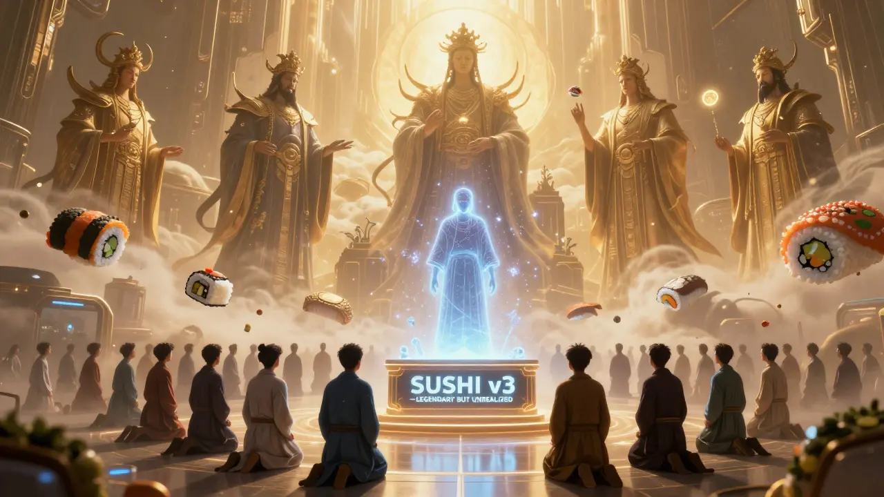 Traders kneeling before a fading SushiSwap v3 altar as other DEXes shine as celestial gods.