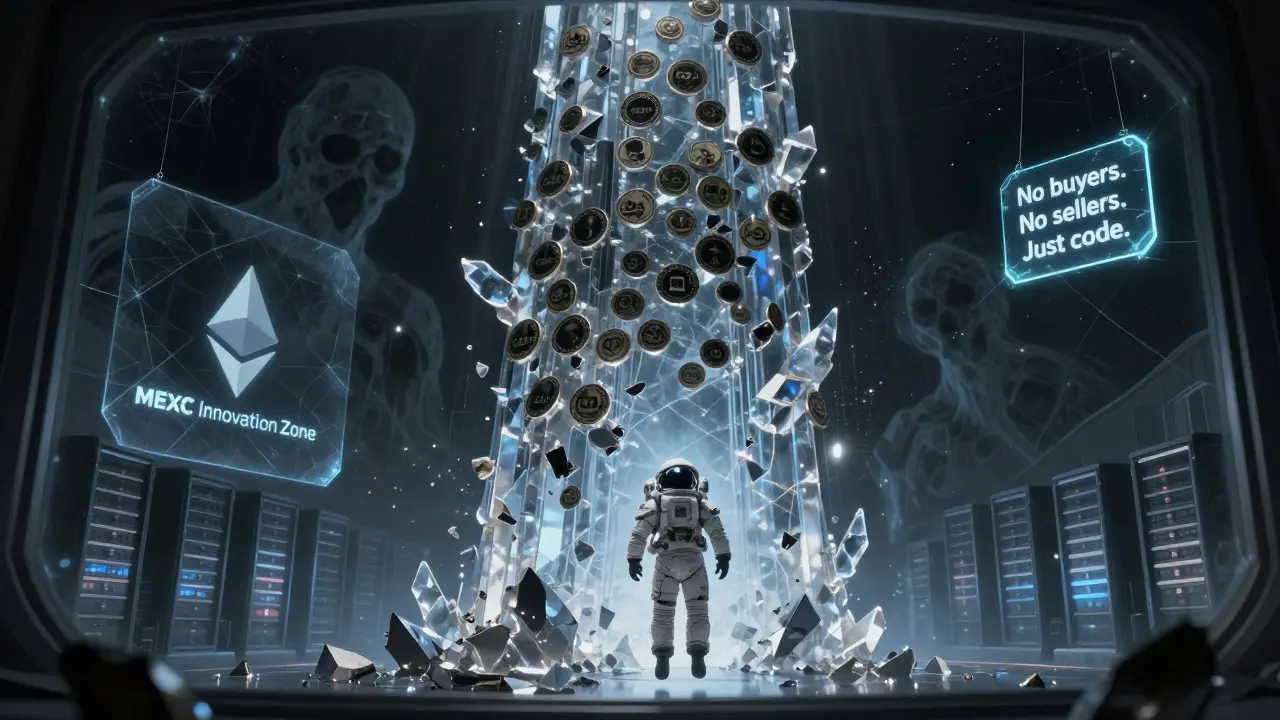 A broken blockchain oracle with dark GDX shards, surrounded by crumbling server-fleets in deep space.