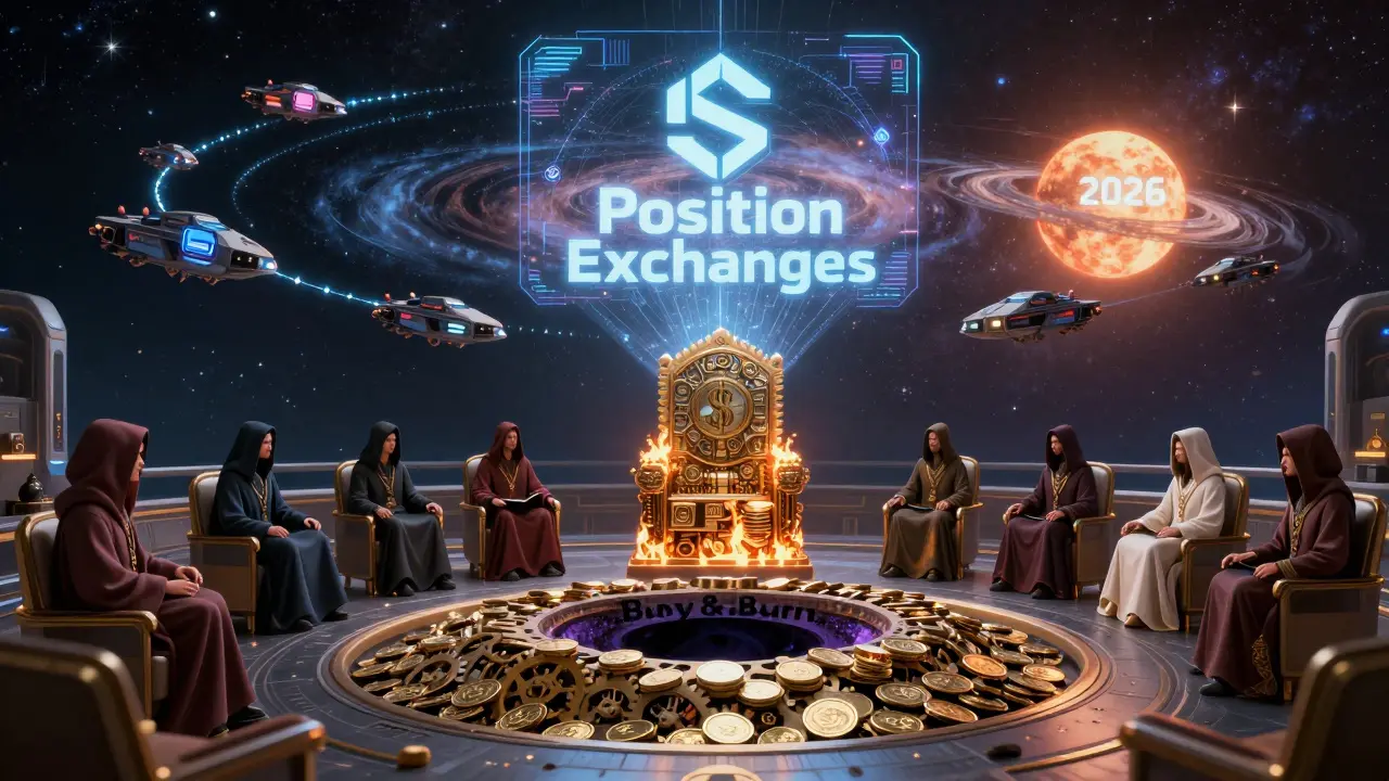 A celestial council burns $POSI tokens in a black hole vortex as trader fleets form a galaxy-wide network.