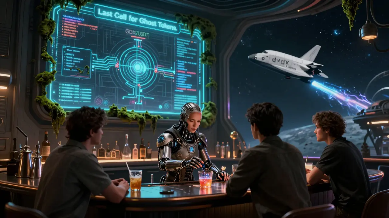 A cyborg bartender in a spaceport bar with a dead GDX/USDT screen, as a dYdX shuttle departs into the stars.