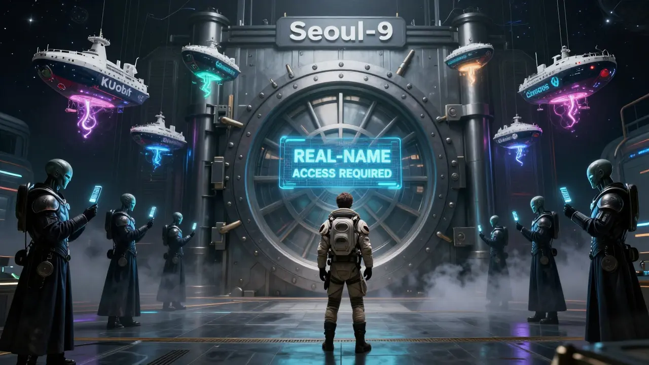 A foreign traveler barred from a sealed bank vault on an orbital station, surrounded by five glowing exchange ships.