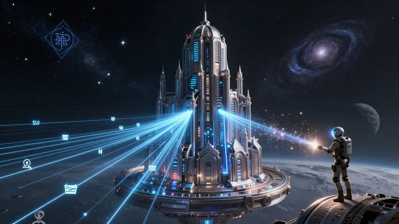 A massive mechanical order book engine hums at the center of a data-station, with laser trades connecting traders across galaxies.