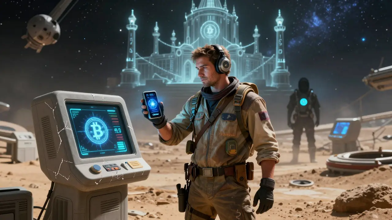 A remittance worker watches their  Bitcoin fade on a cracked terminal as a thief clones their identity in orbit.