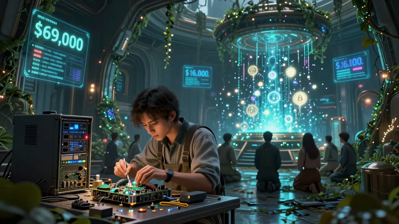 A technician repairs a Chivo server amid glowing Bitcoin orbs, as ancient price holograms flicker like ghostly spirits.