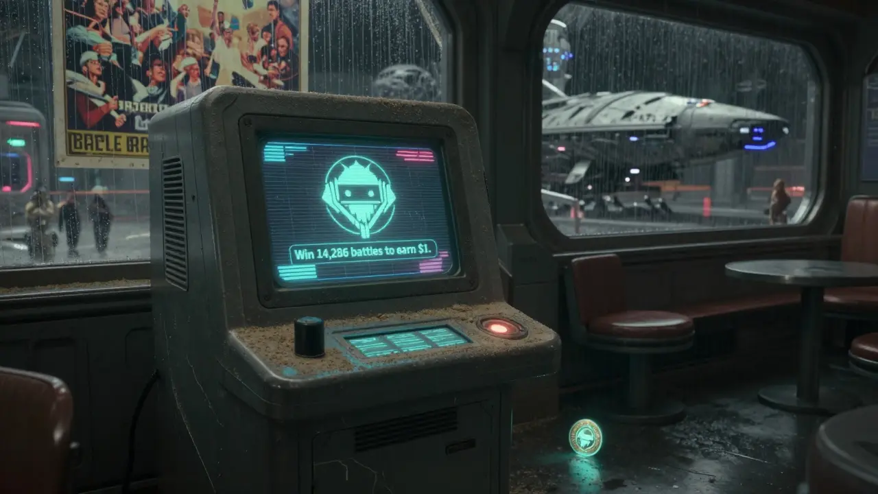 An abandoned Android kiosk in a derelict spaceport flickers with a message: 'Win 14,286 battles to earn .'