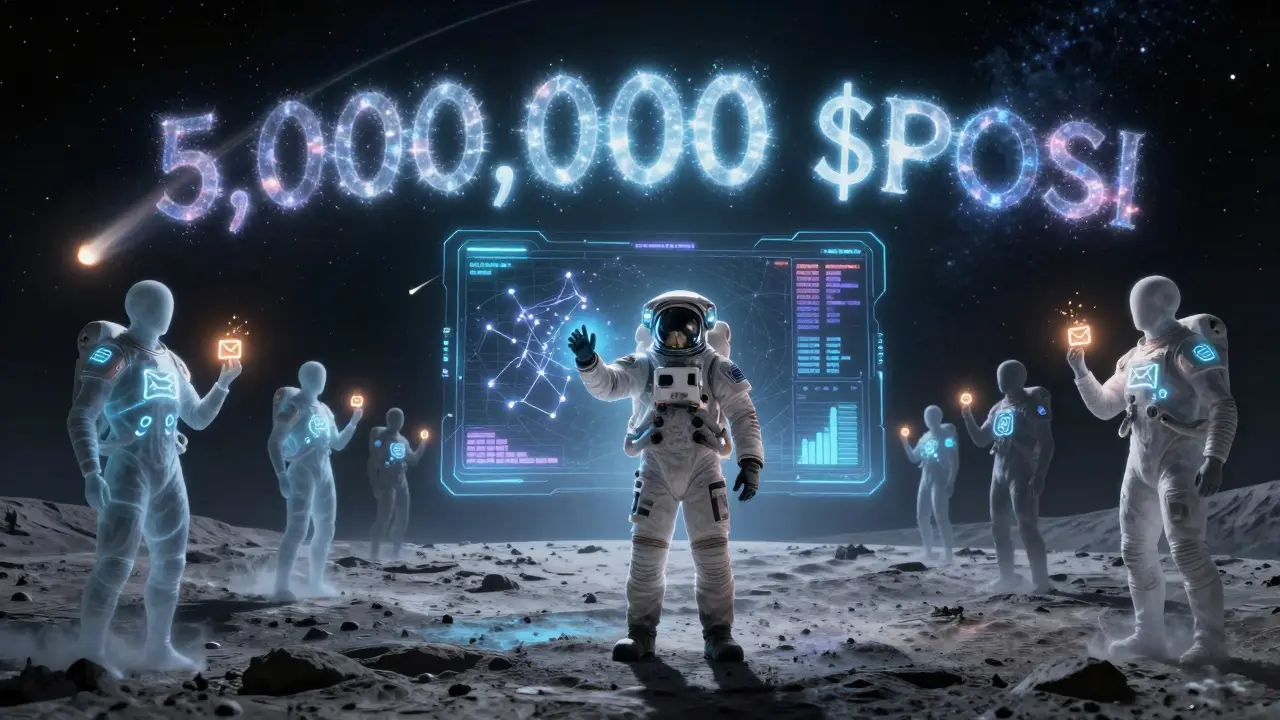 An astronaut reaches toward a cosmic $POSI token portal on a moon, with constellations forming token values.