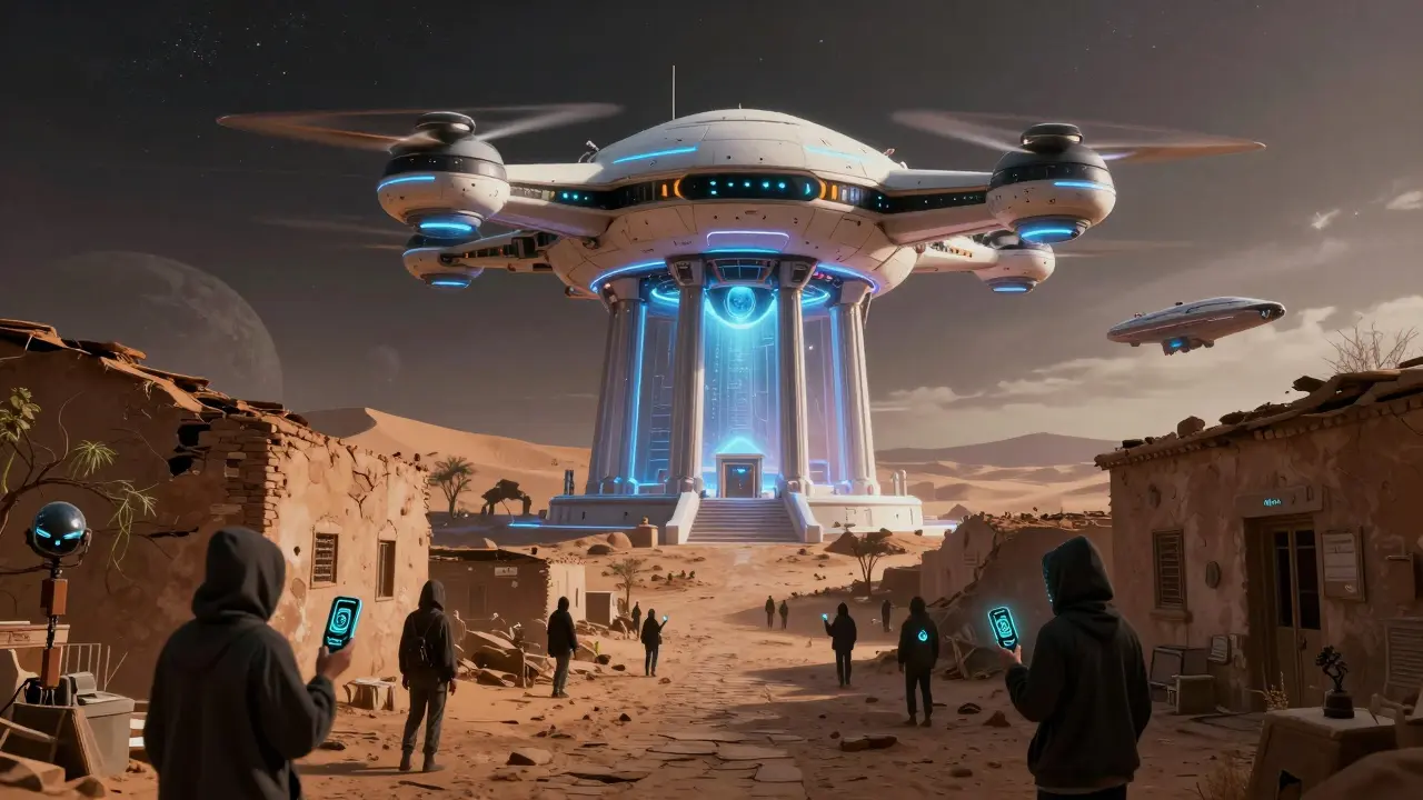 Citizens trade crypto chips in shadows as a bank drone watches from above.