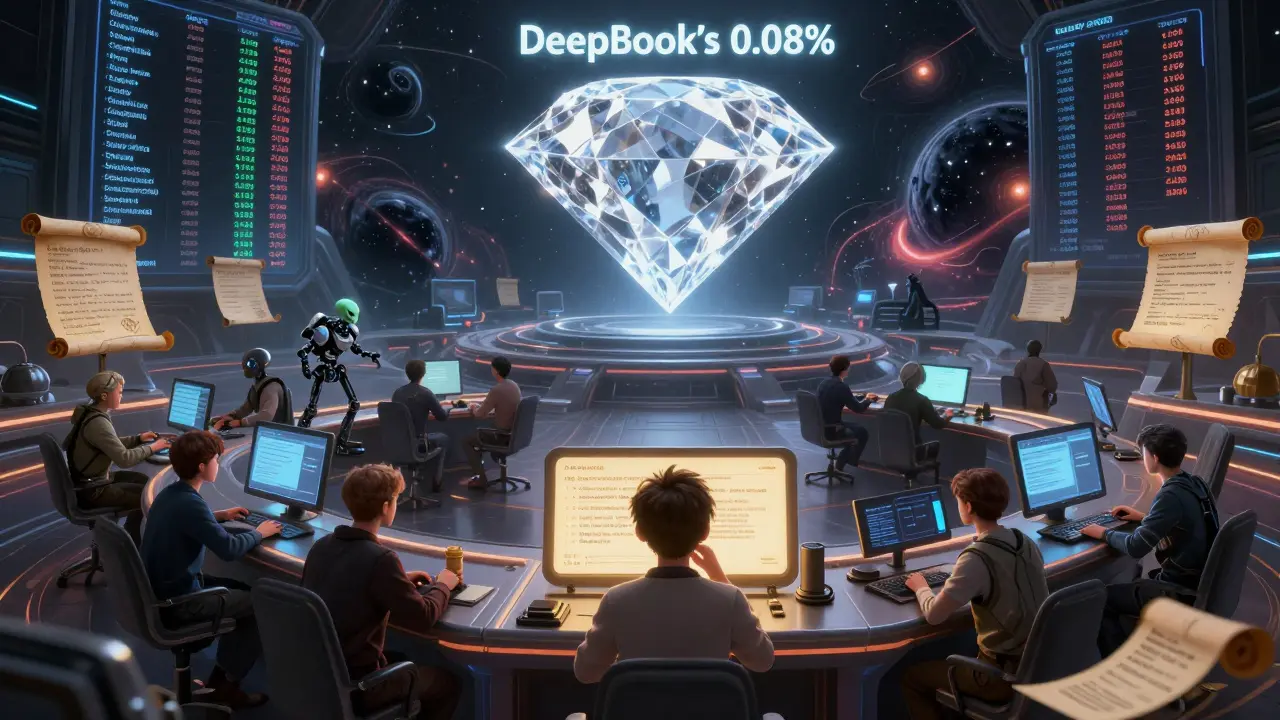 Institutional traders in zero gravity duel with mind-linked interfaces, while DeepBook’s tight spread glows as a diamond against chaotic AMM storms.