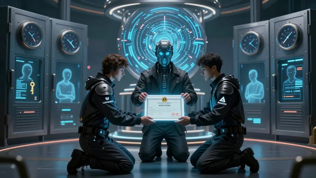 Three cyber-merchants receive a provisional license from a glowing AI overseer.