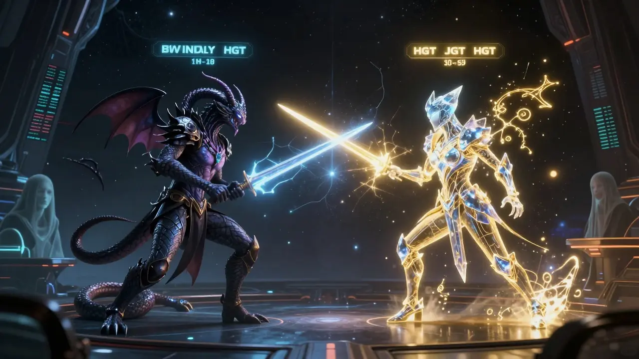 Two futuristic avatars clash in zero-gravity battle, energy blades fracturing space as data spectators watch silently.