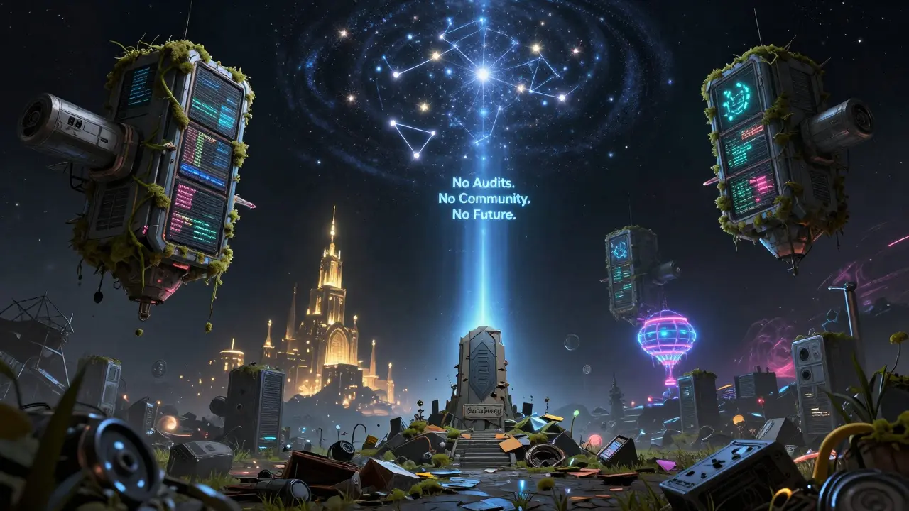 A cosmic graveyard of dead crypto exchanges, with a tiny, forgotten SaitaSwap monument among them.