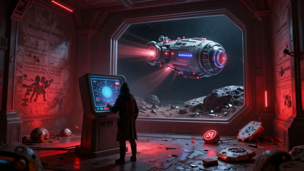 A hooded figure in a derelict DeFi temple tries to swap tokens as a powerful 1inch ship passes by in the void.