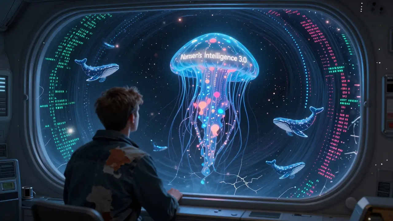 A lone trader watches an AI oracle reveal true whale patterns amid exploding false signals in a cosmic transaction storm.