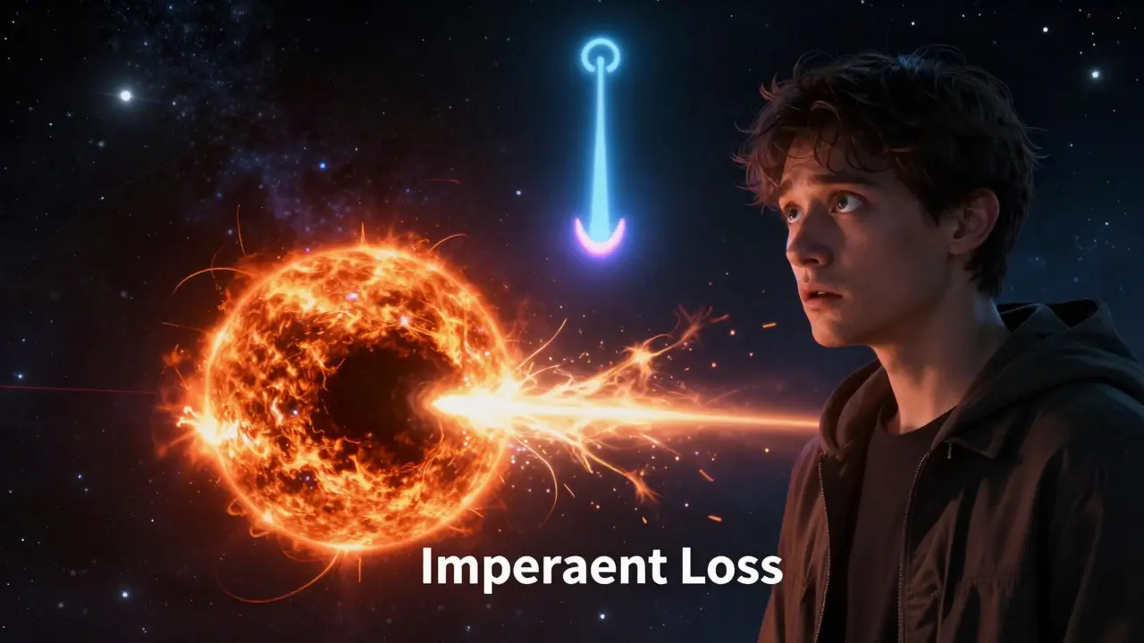 A trader watching their capital vanish into a black hole as a futuristic Uniswap v4 beacon shines in the distance.