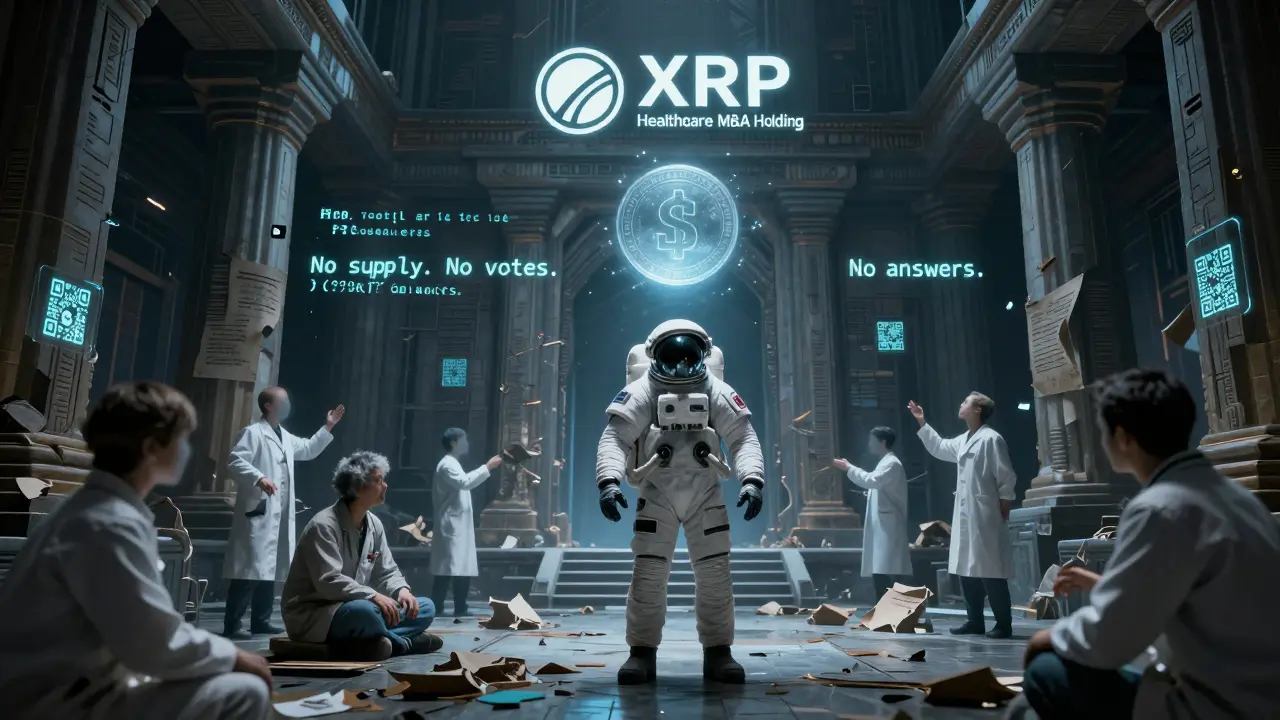 An astronaut reaches toward a floating, elusive crypto token amidst ruins of vanished documentation and ghostly investors.