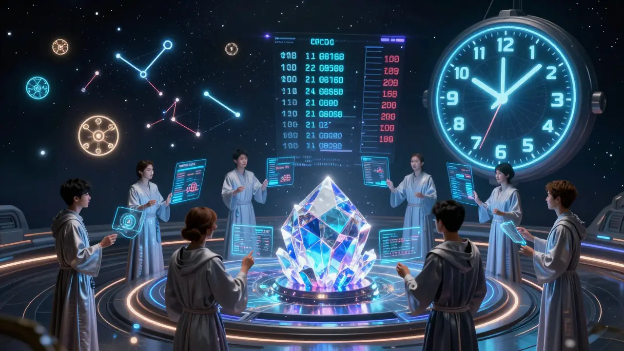 Liquidity providers adjusting price ranges on a glowing blockchain core amid cosmic token constellations.