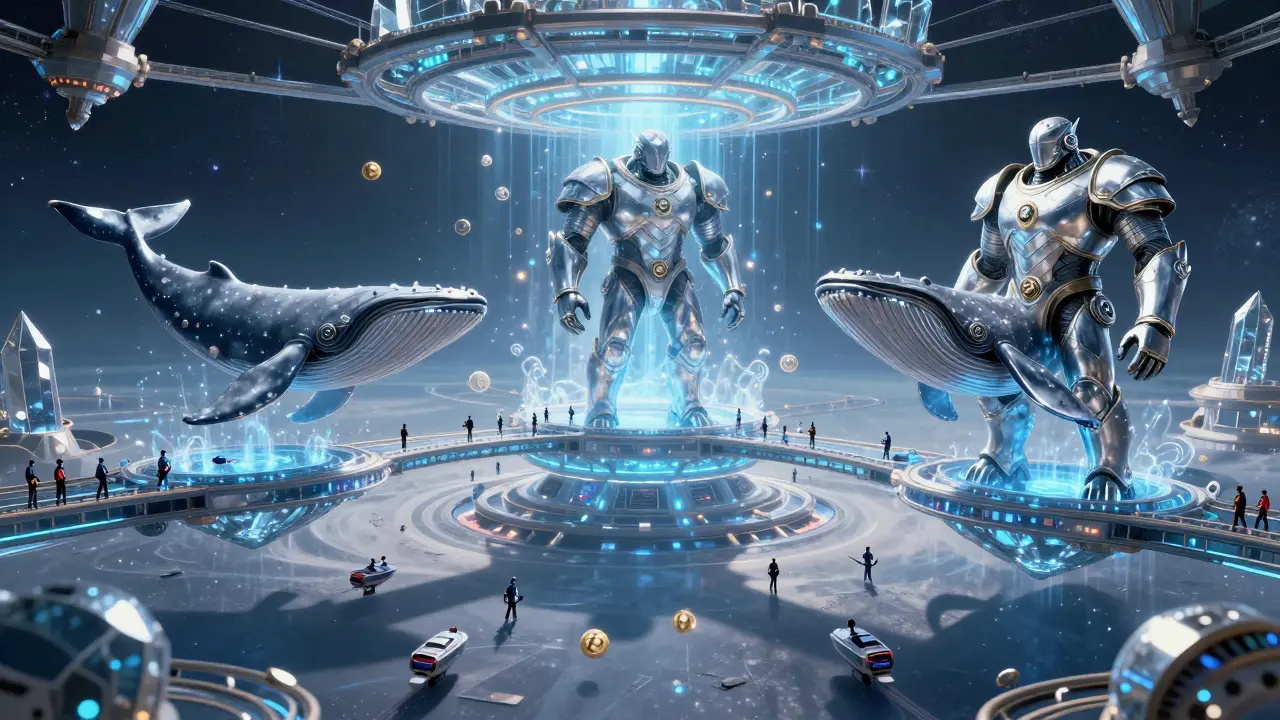 Three colossal space titans representing institutional whales transfer Bitcoin across a crystalline exchange station.