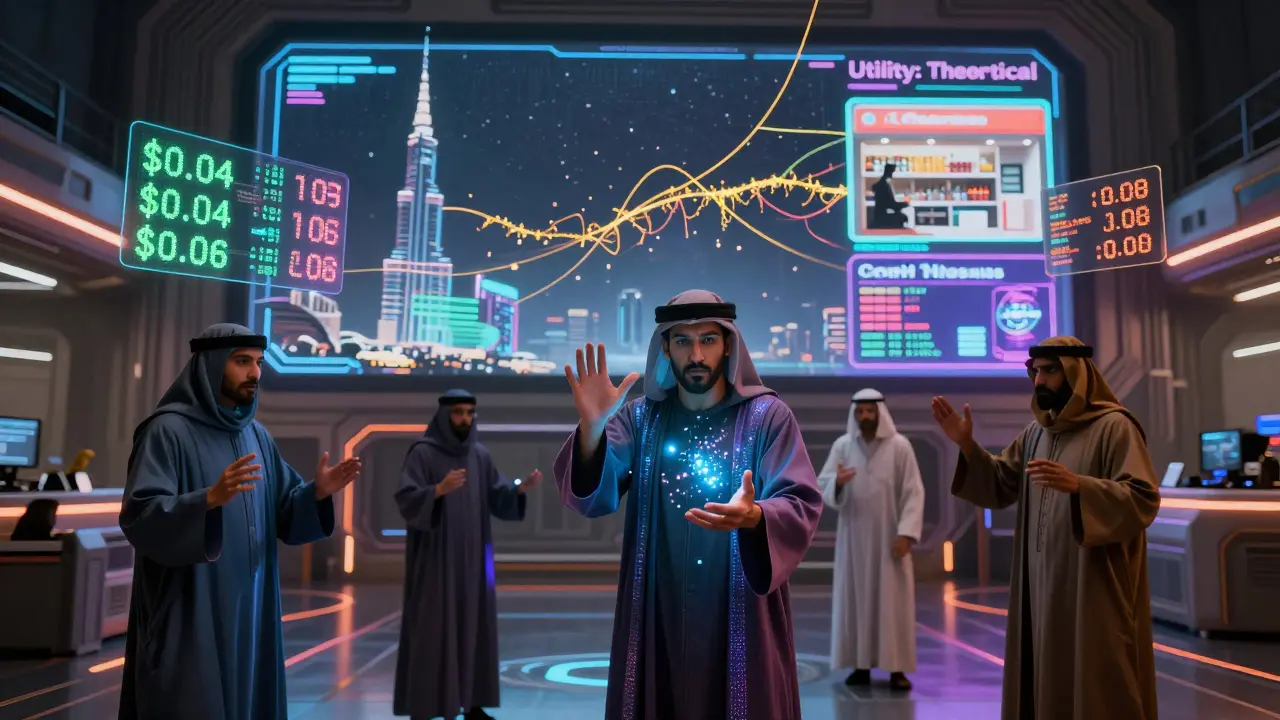 Traders in a Martian exchange hub watch flickering XRPH token prices, while a fragile golden wire connects distant business sites.