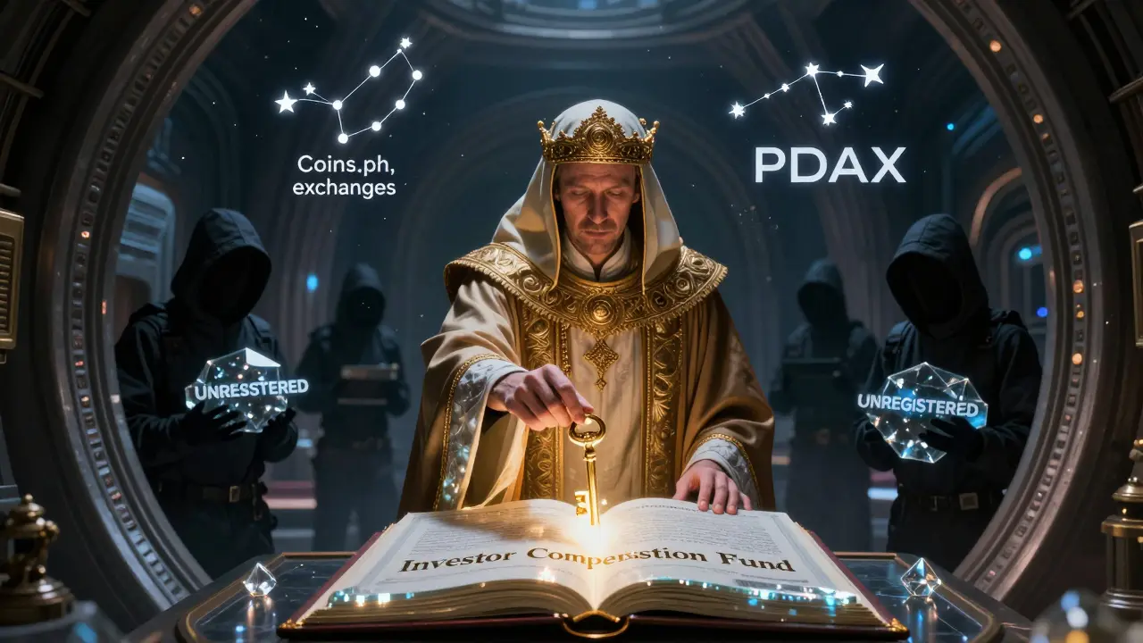 A celestial librarian places a golden key into a crystalline fund ledger, as approved exchanges shine like constellations above shadowy smugglers.