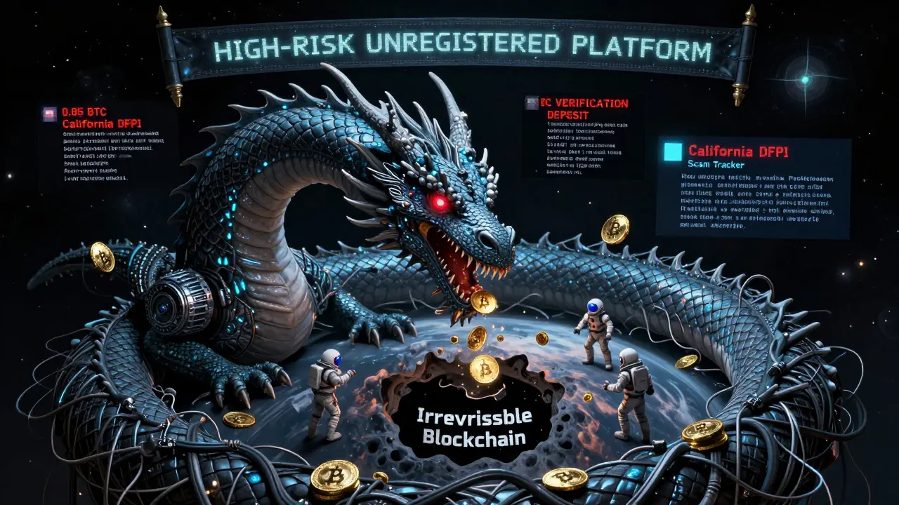 A cyber-dragon made of phishing websites devouring crypto users under a cosmic scam tracker planet.