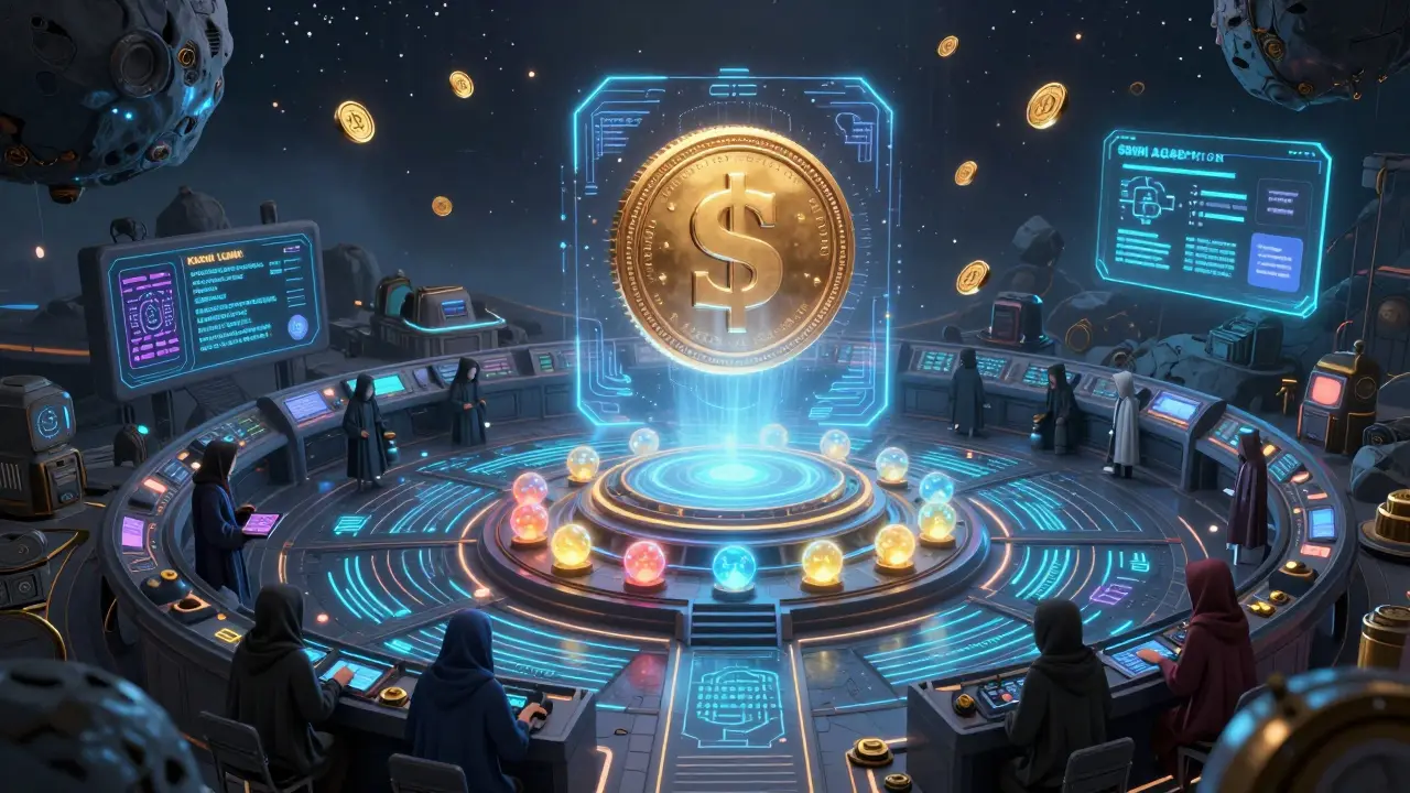 A cyberpunk DeFi temple with holographic SUSHI tokens and voters floating above a cluttered asteroid control room.