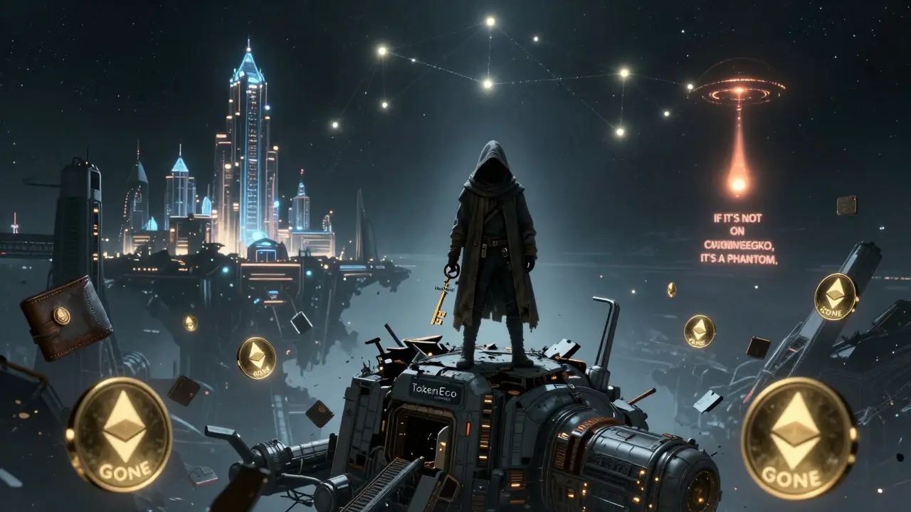 A hacker atop a collapsing space station labeled TokenEco, while secure exchanges shine in the distance.