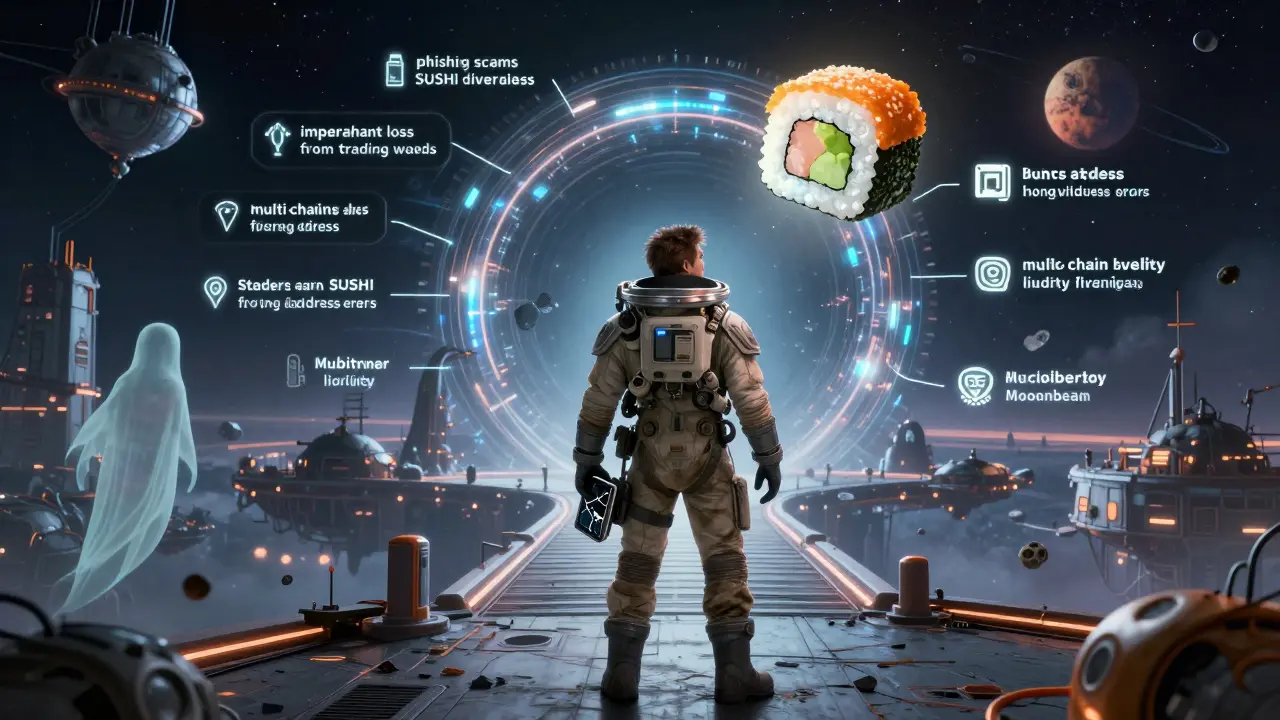 A lone trader faces ghostly losses while a glowing bridge to a thriving DeFi colony opens behind them.