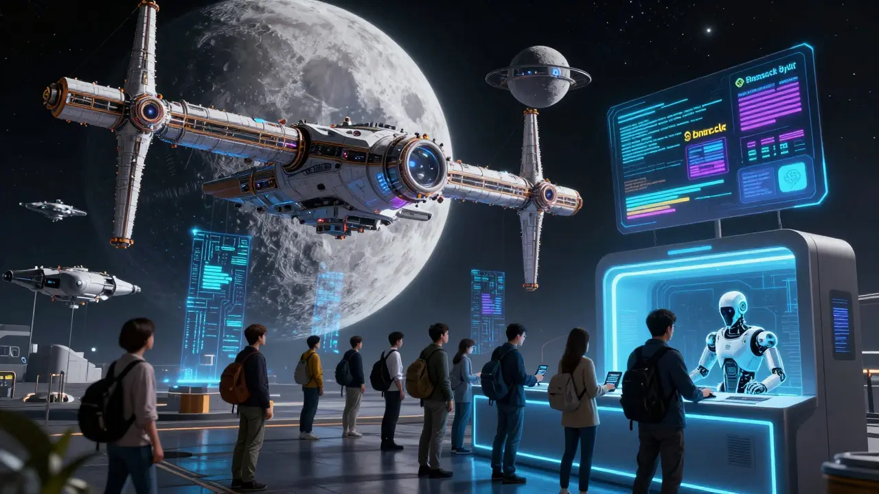 A massive SEC space station blocks rogue crypto networks while citizens access approved digital assets at a glowing kiosk.