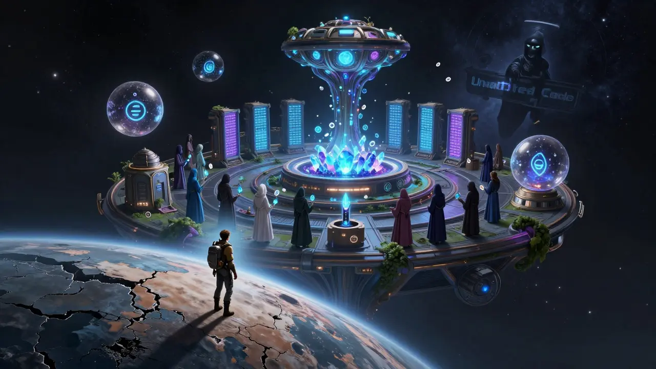 A rising DeFi station with glowing DAO orbs above a dying blockchain planet.